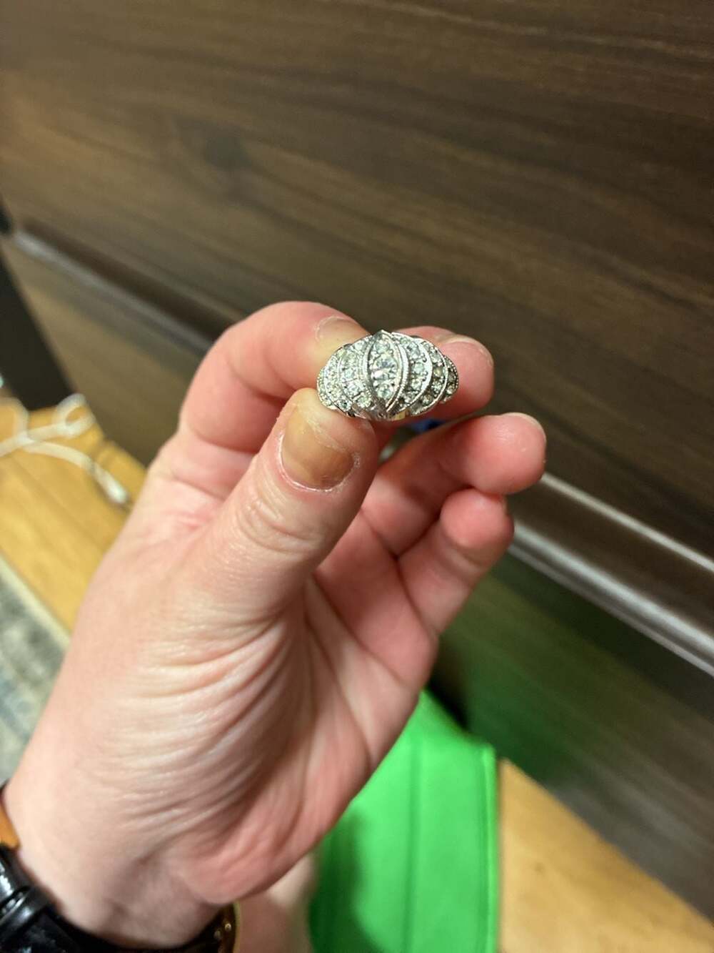 Vintage 1960s Art Deco Rhinestone Ring Silver Tone Pave Dome Cocktail Ring
